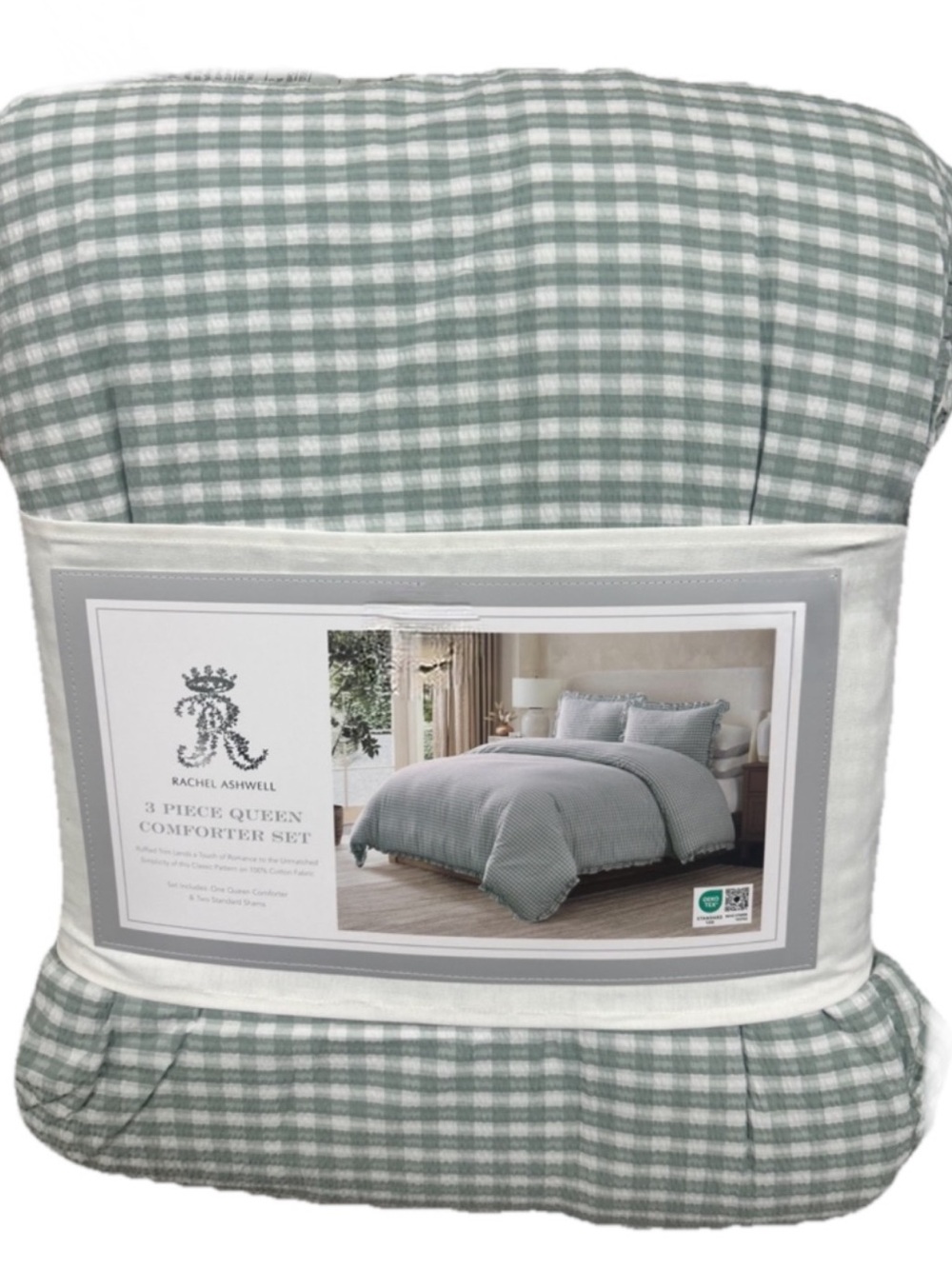 Rachel Ashwell Green and White Checked Cotton Queen Comforter Set w/Ruffle Trim